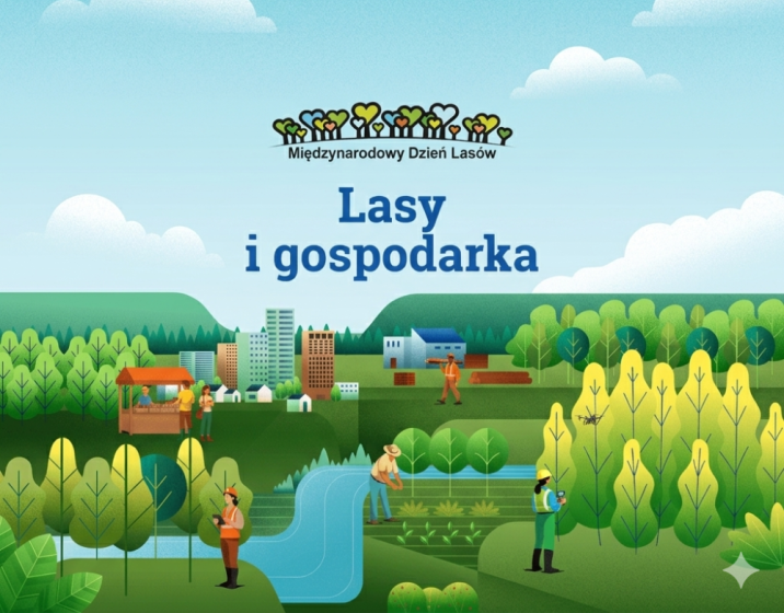 Grafika promująca Międzynarodowy Dzień Lasów, przedstawiająca lasy, wzgórza, rzekę, zabudowania i osoby pracujące w gospodarce leśnej wraz z logo i hasłem obchodów